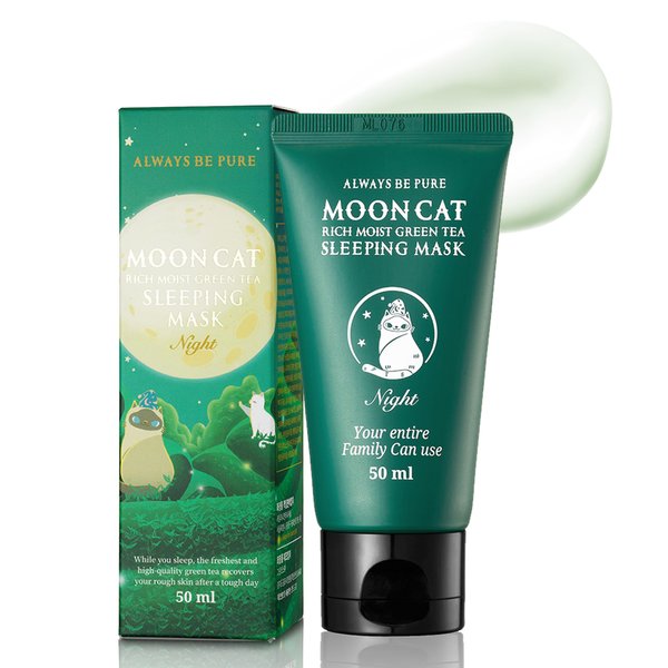 ALWAYS BE PURE Mooncat Rich Moist Green Tea Sleeping Mask 50mlㅣ Sensitive Skin, Hypoallergenic, Ceremide, Moisturizer, Hydrating, Non-sticky texture, Korean skincare (1.69 fl.oz)