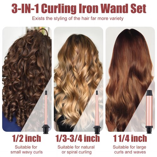 3 in 1 Curling Wand Set - SIQUER Hair Waver Curling Iron for Women with 3 Interchangable Ceramic Beach Waves Wands 1/2 Inch to 1 1/4 Inch Fast Heating Up Hair Curler with Box (Rose, Black)