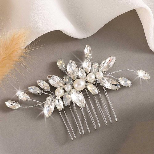 Yean Crystal Bride Wedding Hair Comb Silver Rhinestone Bridal Hair Accessories Pearl Hair Piece for Women and Girls