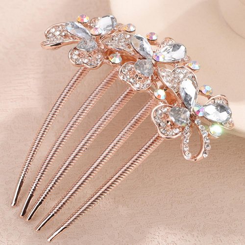 Chargances Bridal Flower Rhinestone French Hair Comb Sparkly Crystal Inlaid Hair Combs with Long Teeth Wedding Hair Accessories for Women