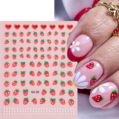 Strawberry Nail Art Stickers Decals 3D Cute Fruit Nail Decals Summer Strawberry Nail Art Decorations Supplies Sweet Red Heart Designs Summer Nails Adhesive Sliders for Women Girls DIY Nail Salons