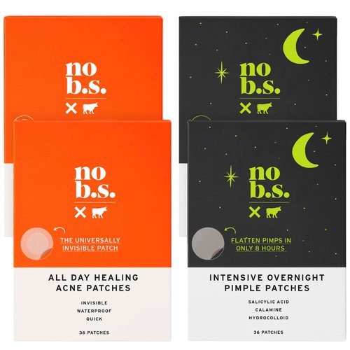 No BS Healing Day Acne Patches and Intensive Overnight Pimple Patches - Fast-Acting Acne Spot Treatment for Clear, Healthy Skin -Hydrocolloid (2 packs of 36 day patches + 2 packs of 36 night patches)