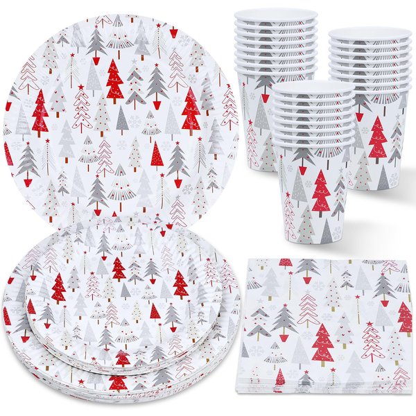ZVK Christmas Party Supplies 96 Pieces Christmas Tree Paper Plates Napkins Paper Cups Disposable Tableware Set New Year Party Decorations, White