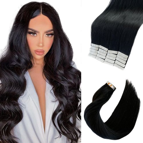 Valiilo Tape in Remy Hair Extensions Jet Black Tape in Hair Extensions Real Human Hair Skin Weft Remy Hair Extensions Invisible Tape in Extensions for Highlights Hairstyle 50g 20pcs 12 Inch