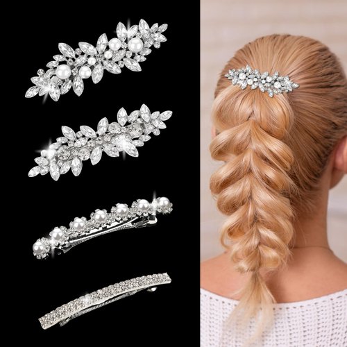 4 Pcs Rhinestone Bridal Hair Clip, Sliver Pearl Wedding Hair Pins Flower Hair Clip Crystal Hair C...