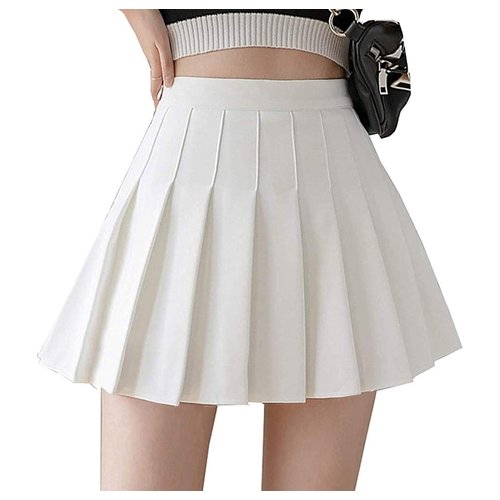 Girls Women High Waisted Pleated Skirt Plain Plaid A-line Mini Skirt Skater Tennis School Uniform Skirts Lining Shorts White