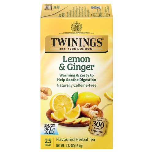 Twinings Lemon &amp; Ginger Individually Wrapped Herbal Tea Bags, 25 Count (Pack of 6), Spicy Ginger,...