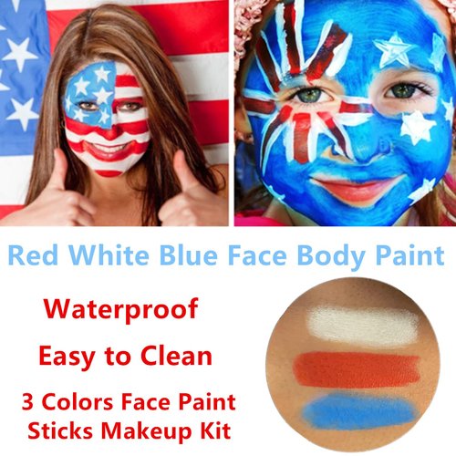 Go Ho 3 PCS Red White and Blue Face Paint Stick - Waterproof Eye Black Stick,Face Body Paint Professional Halloween SFX Corpse Bride Sally Makeup,4th of July Face Paint &Lip Smacking Sticks