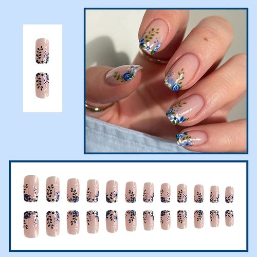 Flower Press on Nails French False Nails Glossy Short Square Fake Nails Spring Small Floral with Green Leaves Designs Glue on Nails Blue Rose Coffin Nails for Women Girls Tip Manicure Decoration 24pcs