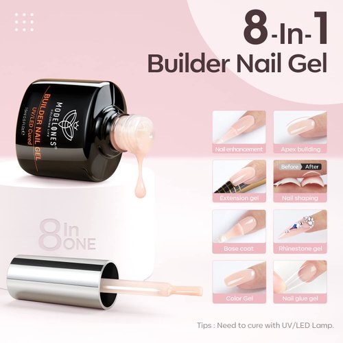 modelones Builder Nail Gel, 8-in-1 Cover Nude Gel Builder, LED Nail Lamp Cured Hard Gel Builder for Nail Thickening Nail Strengthener Extension Gel Rubber Base Gel Polish Glue Gel in a Bottle