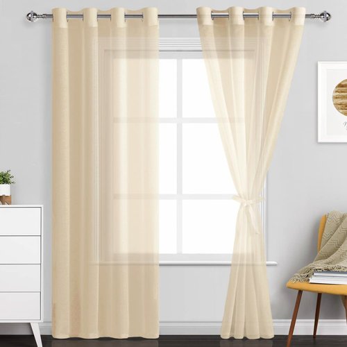 JIUZHEN Semi Sheer Curtains for Living Room - 84 inches Long with Tiebacks Light Filtering Grommet Window Curtains for Balcony/Office, 52Wx 84L, Set of 2 Panels,Beige