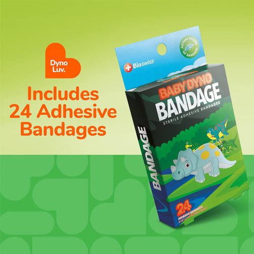 BioSwiss Bandages, Baby Dino Shaped Self Adhesive Bandage, Latex Free Sterile Wound Care, 24 Count