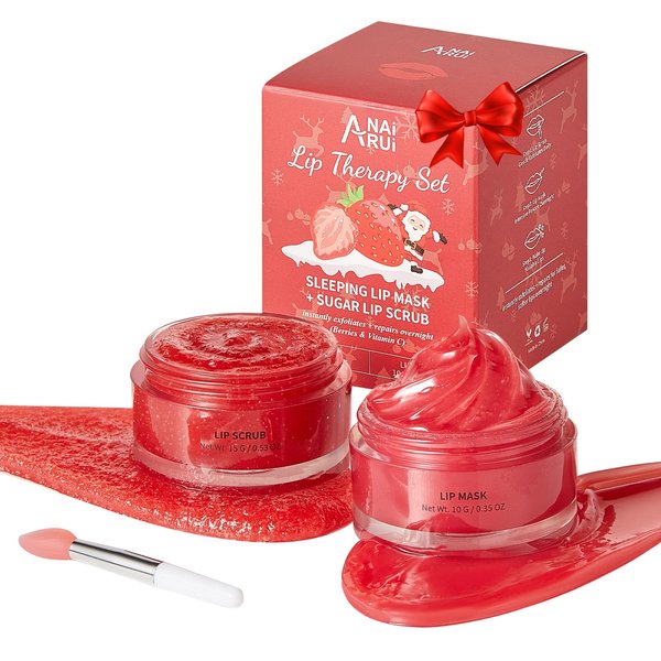 ANAI RUI Lip Scrub & Lip Mask Stocking Stuffers, Lip Exfoliator Scrub and Moisturizer Christmas Gifts, Lip Scrubber Exfoliator & Sugar Lip Scrub with Vitamin C, Lip Sleeping Mask Gift Set for Women