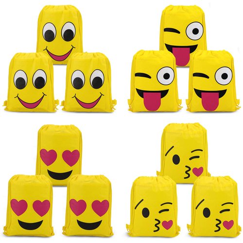 Konsait Emoticon Bags for Emoticon Party Supplies(12 Pack), Emoticon Drawstring Backpack Shoulder Bag Bulk for Kids Birthday Emoticon Party Gift