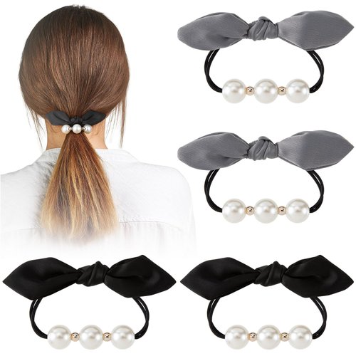 KIKOOD 4pcs Bow Ponytail Holder Pearl Bow Hair Scrunchies Korean Rabbit Bunny Hair Elastic Ties M...
