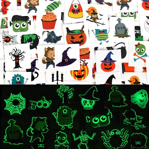 JUNEBRUSHS Halloween Temporary Tattoos for Kids, 180 Pcs 1.6 Inch Glow in Dark Bulk Tattoos Stickers Safety Stickers for Halloween Party Favors 36 Styles Tattoos for Boys Girls Goody Bag Stuffers
