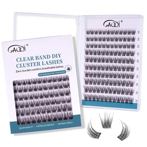 GAQQI Lash Clusters Wispy & Natural Eyelash Clusters Clear Band, 10-14mm Cluster Lashes 120PCS, Cluster Eyelash Extensions C Curl, Cluster Lashes Ultra-thin & Soft Invisible Band (FEATHER)