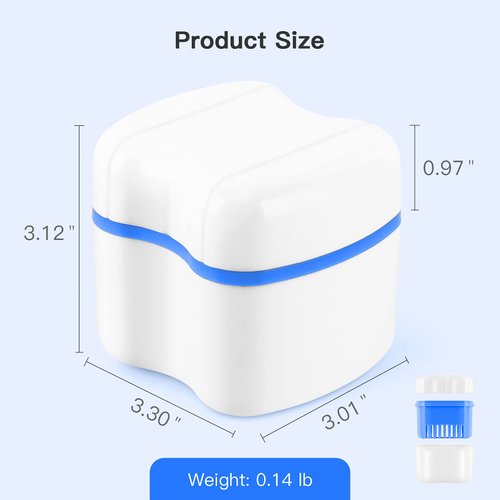 Denture Case Orthodontic Retainer Holder Mouth Guard Night Case, Denture Bath Cleaning Soaking Cup with Strainer and Lid (Blue)