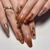 MISUD Fall Press on Nails Long Coffin Fake Nails Glossy Glue on Nails Brown Ombre Acrylic Nails Autumn Maple Leaf Ballerina Artificial Nails Bling Glitter Stick on False Nails with Design 24 pcs