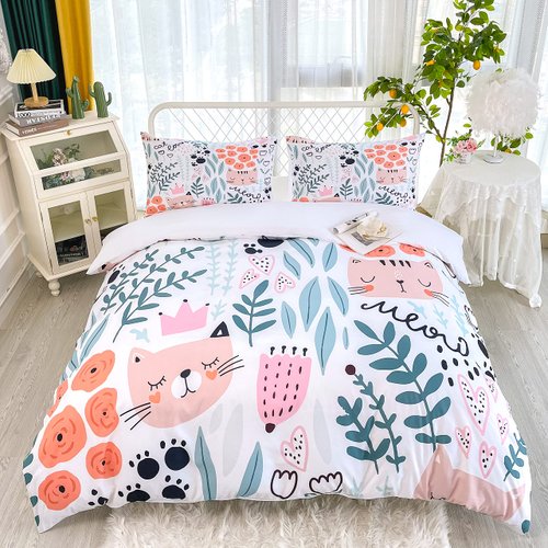 CVHOUSE Cat Duvet Cover Set,Cat Bedding Set for Kids,Cartoon Cat Comforter Cover Set,Twin Size,1 Quilt Cover 2 Pillowcases 3 Piece