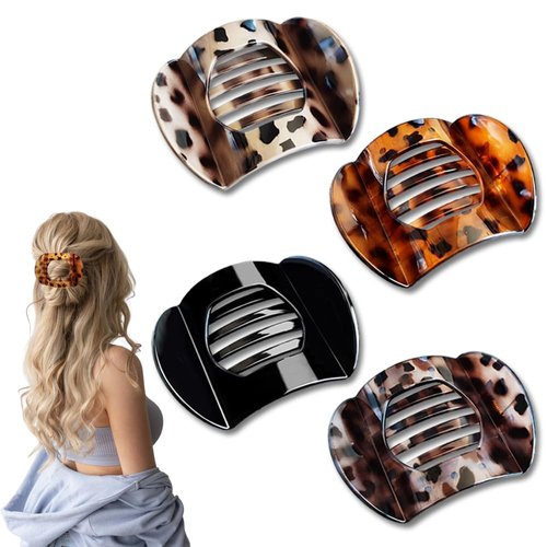 Kpeuuef 4 PCS Flat Hair Clips,Leopard Print Strong Hold Hair Claw Clips for Thick Thin Hair Round Lay Down Flat Claw Clip No Slip French Hair Barrettes for Women Girls Hair Styling