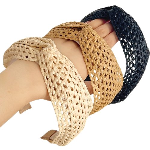 i-lan 3Pack Boho Rattan Woven Headbands, Comfy Wide Head Bands with Three Classical Black,Brown and Beige Hairband, Boho Padded Hair Band Headwear Hoop for Girls, Ladies, Women
