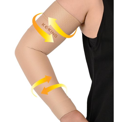 KEKING Lymphedema Compression Arm Sleeves with Silicone Band for Men Women (Pair), 20-30 mmHg Graduated Compression for Lipedema, Edema, Post Surgery Recovery, Swelling, Pain Relief, Beige L