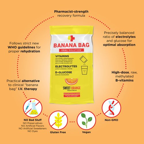 Banana Bag Oral Solution: Sweet Orange (5-Pack) Pharmacist Formulated Electrolyte Vitamin Recovery Drink