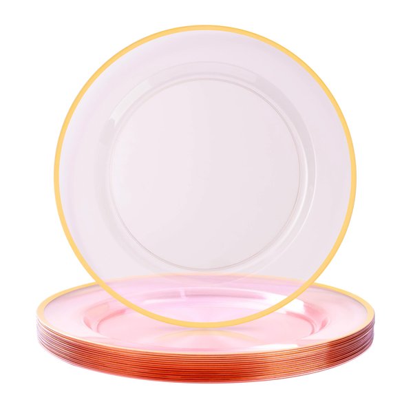 BESTSTAR 12 Inch Disposable Charger Plates, 15 Pack Plastic Clear Pink Plates with Gold Rim, Perfect Table Decor for Party, Wedding, Dinner