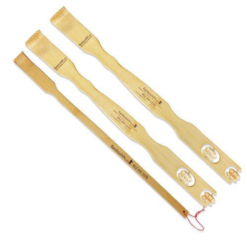 BambooMN 2 Pieces 17 Inch Bamboo Backscratcher Knobby Massage Roller Handle Plus Travel Size Back Scratcher for Itching Relief, 100% Bamboo