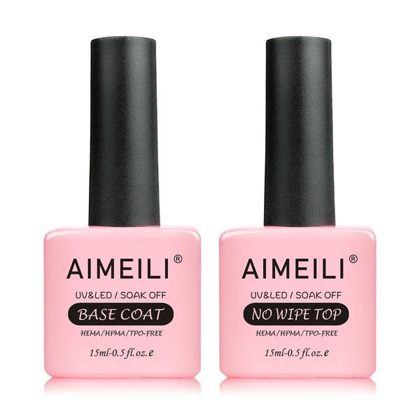 AIMEILI Soak Off Long Lasting Hema-Free U V LED Gel Nail Polish Shine Finish No Wipe Top and Base Coat Set - 2 x 15ml