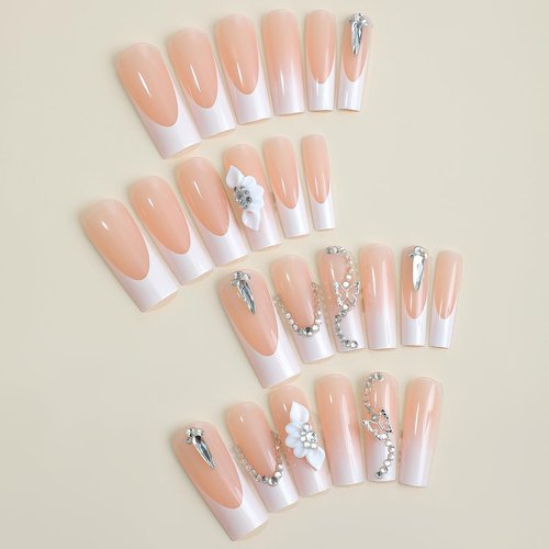 Very Long Press on Nails Square Fake Nails Glossy Nude False Nails with 3D Rhinestones Designs White French Tip Glue on Nails Full Cover Flower Butterfly Artificial Long Acrylic Nails for Women 24Pcs