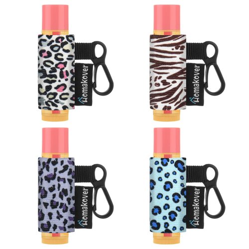 Homakover 4 Pack Keychain Chapstick Holder, Leopard Pattern - Elastic Band, Fits Most Standard Lip Balm, Quick-Release Clip, Unisex-Adults