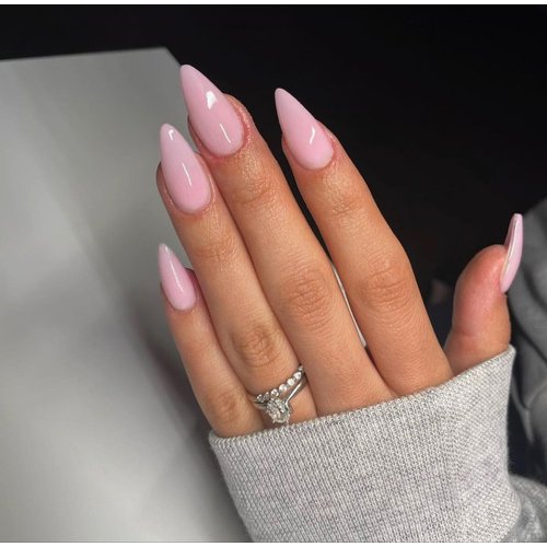 KQueenest 48 PCS Almond Press on Nails Medium Length,Press on Light Pink Nails,Solid Color Medium Fake Nails Acrylic,Stiletto Nails Glue on,Gel Stick on Nails for Women Girls Finger Decoration