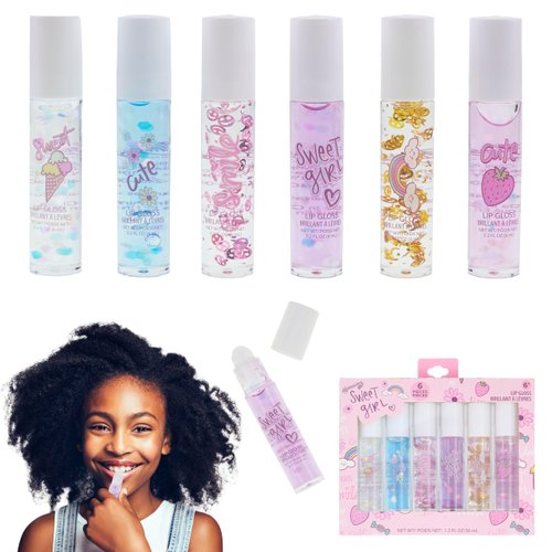Expressions 6pc Lip Gloss Set - High Shine Confetti Lip Gloss Tubes w/Rollerball Applicator Tips | Hydrating Roll On Lip Oils, Safe and Non-Toxic Lip Gloss Gift Set For Girls (SWEET GIRL)
