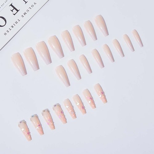 Enppode Long Fake Nails French Tip Press on Nails Coffin Stick on Nails with Butterfly Design Purple Nails for Women