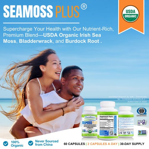 Power By Naturals Sea Moss Plus - USDA Certified Organic Irish Sea Moss Capsules w/Wild Harvested Irish Seamoss, Bladderwrack & Burdock Root Immunity Supplement Sea Moss Pills for Adult 60Ct - 1 Pack