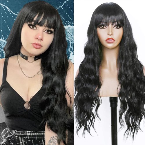 Fugady Black Wavy Wig With Bangs Black Wig with Bangs Long Wig Synthetic Wig Body Wave Wig Cheap Wig Heat Resistant Wig Black Wigs For White Women Cosplay Wig
