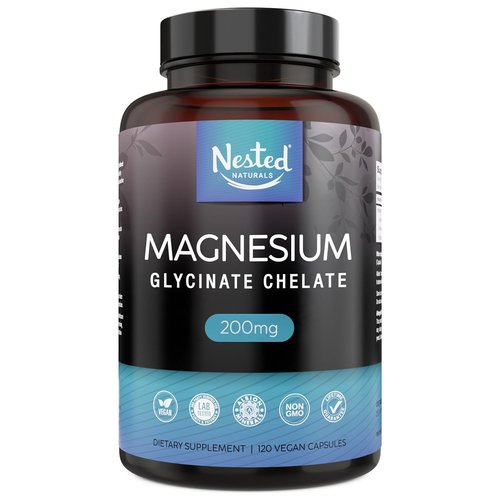 Nested Naturals Magnesium Glycinate Chelate - Magnesium Supplement for Muscle Cramps, Relaxation, & Sleep Support - 100% Chelated Albion TRACCS Buffered Magnesium Glycinate 200mg - 120 Vegan Capsules