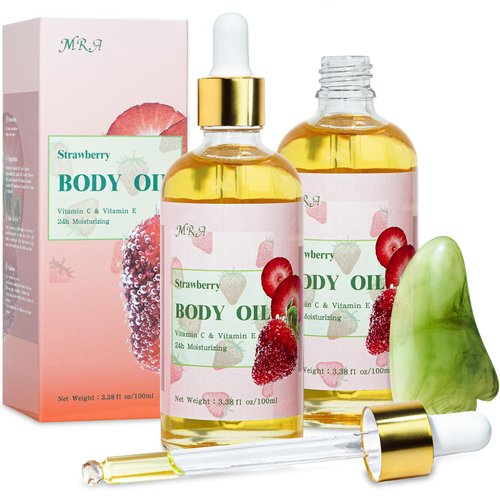 MR.A 2 Pack Strawberry Body Oil Juice Scented, Vitamin E Body Oil after Shower with Jojoba Oil, Strawberry Shortcake Body Moisturizer Bath Oil for Dry Skin, Massage Oil Guasha Oil with Guasha Tool