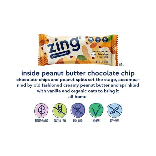 Zing Peanut Butter Chocolate Chip Vegan Protein Bars, Gluten Free with High Protein, High Fiber, Dairy Free Nutrition Bars, Plant Based Protein, Kosher, Low Sugar, No Sugar Alcohols - 12 count