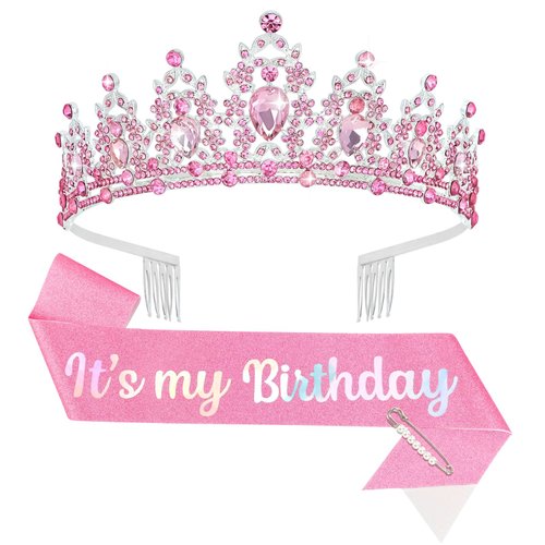BAHABY Birthday Crowns for Women It's My Birthday Sash & Rhinestone Tiara Set Princess Birthday Sash and Tiara for Women Birthday Decorations (Pink)