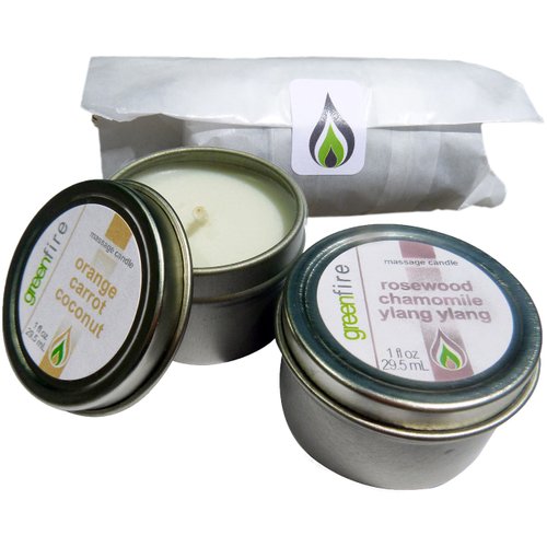 Greenfire All Natural Massage Oil Candles, Orange Carrot Coconut and Rosewood Chamomile Ylang Ylang Blends, Travel Size 1 Fluid Ounce, Set of 2