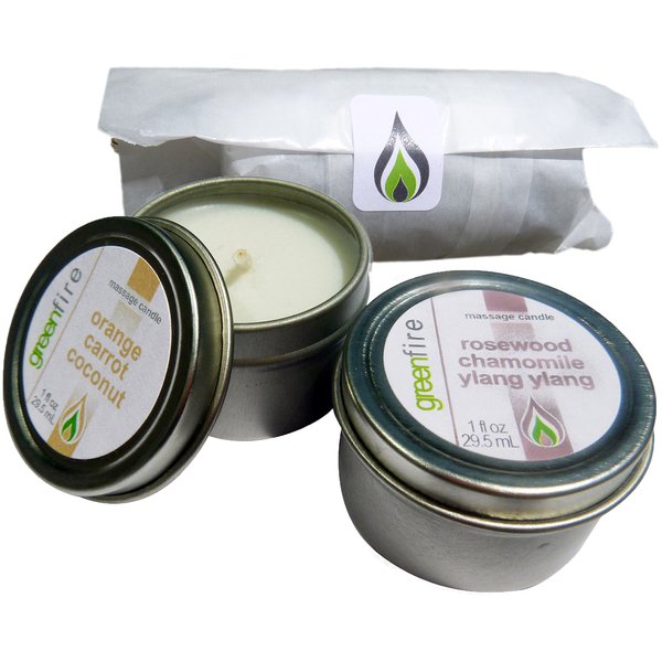 Greenfire All Natural Massage Oil Candles, Orange Carrot Coconut and Rosewood Chamomile Ylang Ylang Blends, Travel Size 1 Fluid Ounce, Set of 2