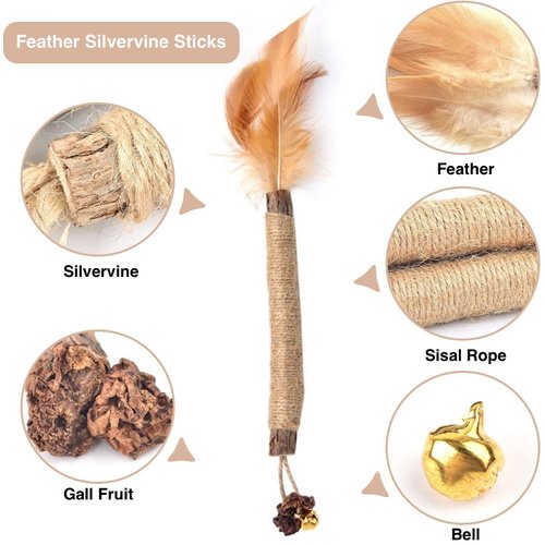 LOVELY CAVES Cat Chew Toy Feather Sivervine Sticks with Bell, Cat Chew Natural Sticks Teeth Cleaning, Matatabi Cat Treat, Gall Ball Cat Toy (3 Pack)