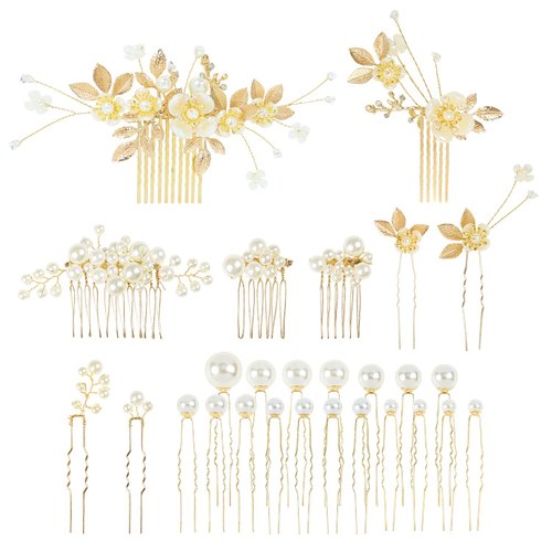 Cinaci 27 Pack Sparkly Glitter Gold Rhinestone Leaf Flower Bridal Metal Hair Side Combs+U-shaped Pearl Hair Pins Clips Barrettes Headpieces Wedding Hair Accessories for Women Brides Bridesmaids Girls