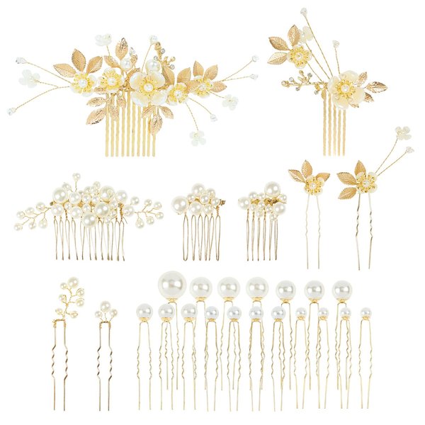 Cinaci 27 Pack Sparkly Glitter Gold Rhinestone Leaf Flower Bridal Metal Hair Side Combs+U-shaped Pearl Hair Pins Clips Barrettes Headpieces Wedding Hair Accessories for Women Brides Bridesmaids Girls