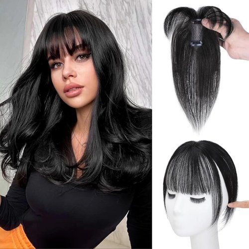 KPROYU Human Hair Toppers For Women Real Human Hair 3D French Bangs Hair Clip(6 * 8) 360° Cover Clip In Bangs Real Human Hair (Natural Black) Hair Topper With Bangs Hair Clip Human Hair