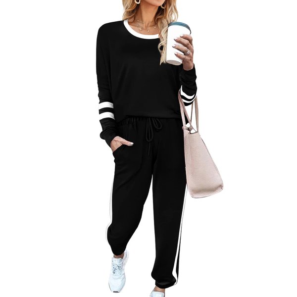 Aloodor Womens Loungewear Set Fall Tracksuit Elasticized Waistband Pants Workout Sets Black L