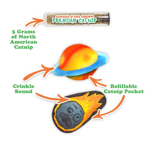 Meowijuana | Get Spacey Planet and Meteor - 2 Pack | Refillable Catnip Toy | Promotes Play and Cat Health | Includes Organic Catnip Grown in North America | Feline and Cat Lover Approved